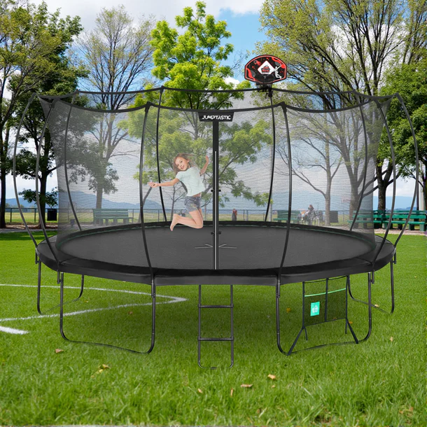 Kids Jumping On 15ft Backyard Trampoline With Safety Net, Outdoor Family Play Trampoline For Garden Lawn