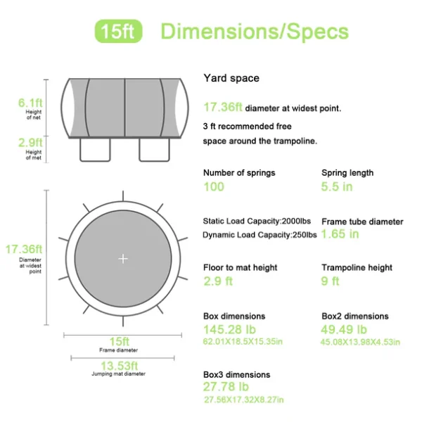 15ft Heavy Duty Trampoline Full Spec Sheet, 2000LBS Static Load Round Outdoor Trampoline With 100 Springs
