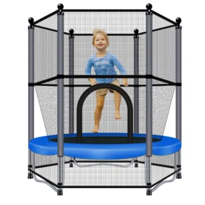 55 Inch Round Mini Toddler Trampoline With Full Surround Safety Enclosure Net, Blue Padding Small Indoor Kids Jumping Trampoline