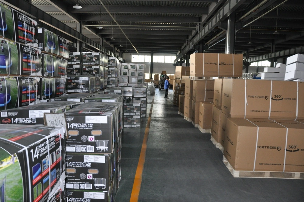 Bulk Trampoline Pallet Storage Trampoline finished goods stacked on pallets ready for shipment to Qingdao Port