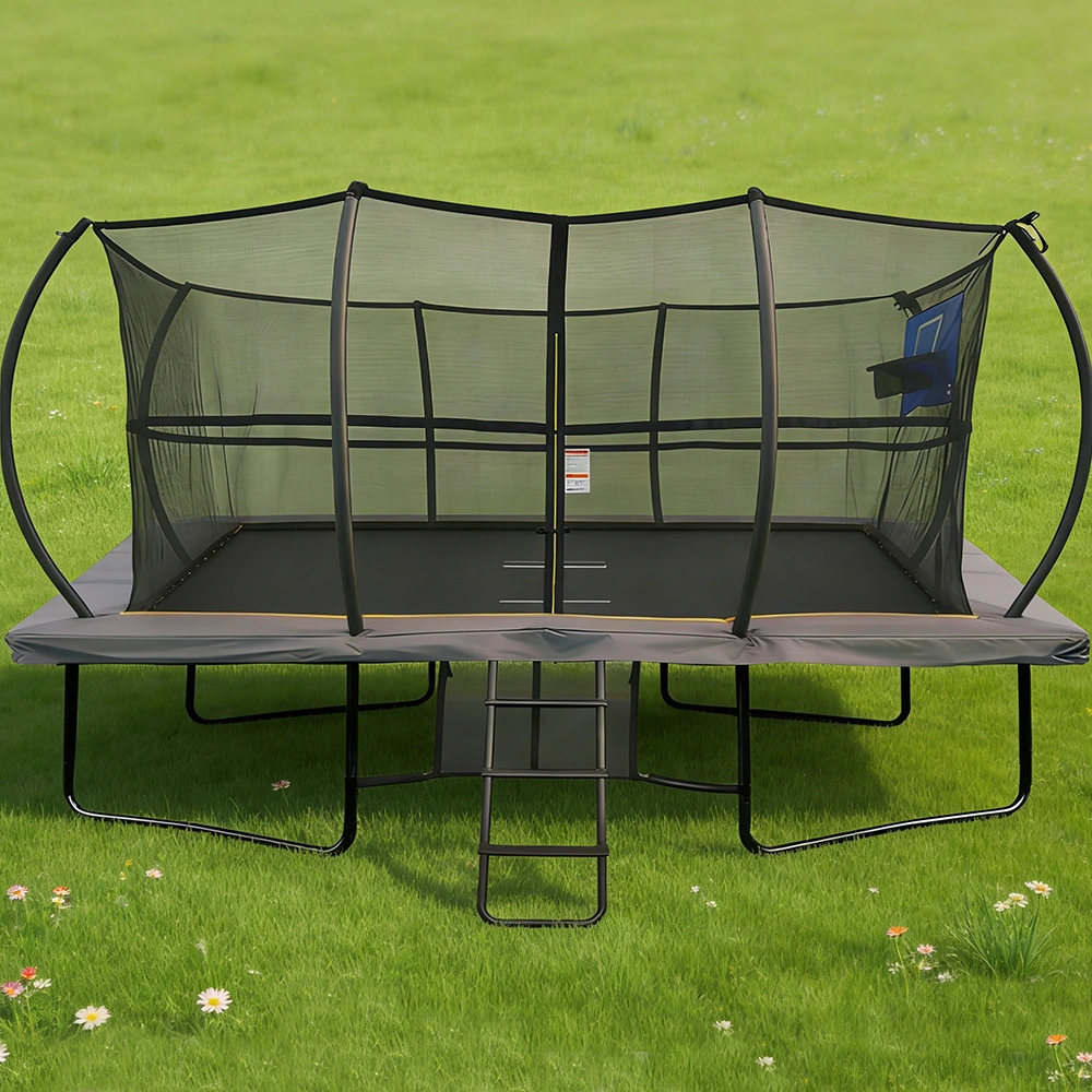 Large Rectangular Outdoor Trampoline With Full Surround Safety Net & 2-Step Ladder, Grey Padding Backyard Family Jumping Trampoline