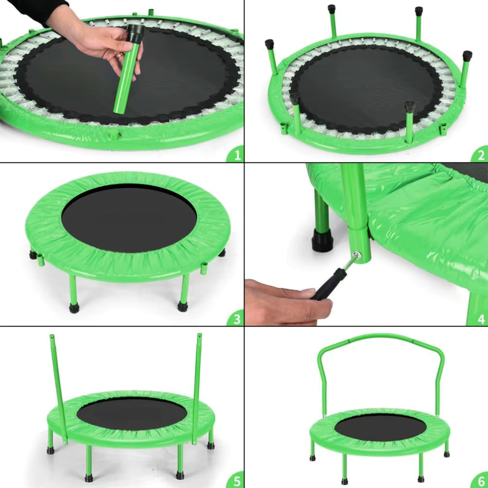 6-Step Easy Assembly Guide For Green Foldable Mini Trampoline, Simple Install Toddler Jumping Trampoline With Handle Bar
