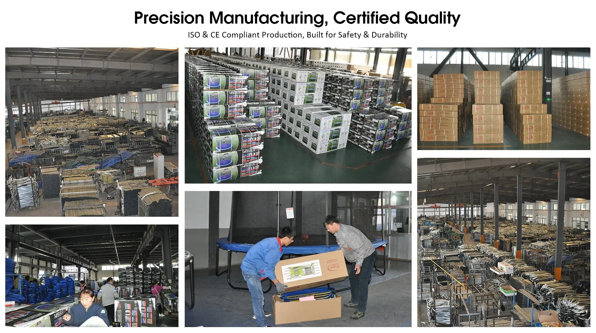 Trampoline OEM factory production workshop, warehouse storage and quality inspection, ISO and CE certified manufacturing