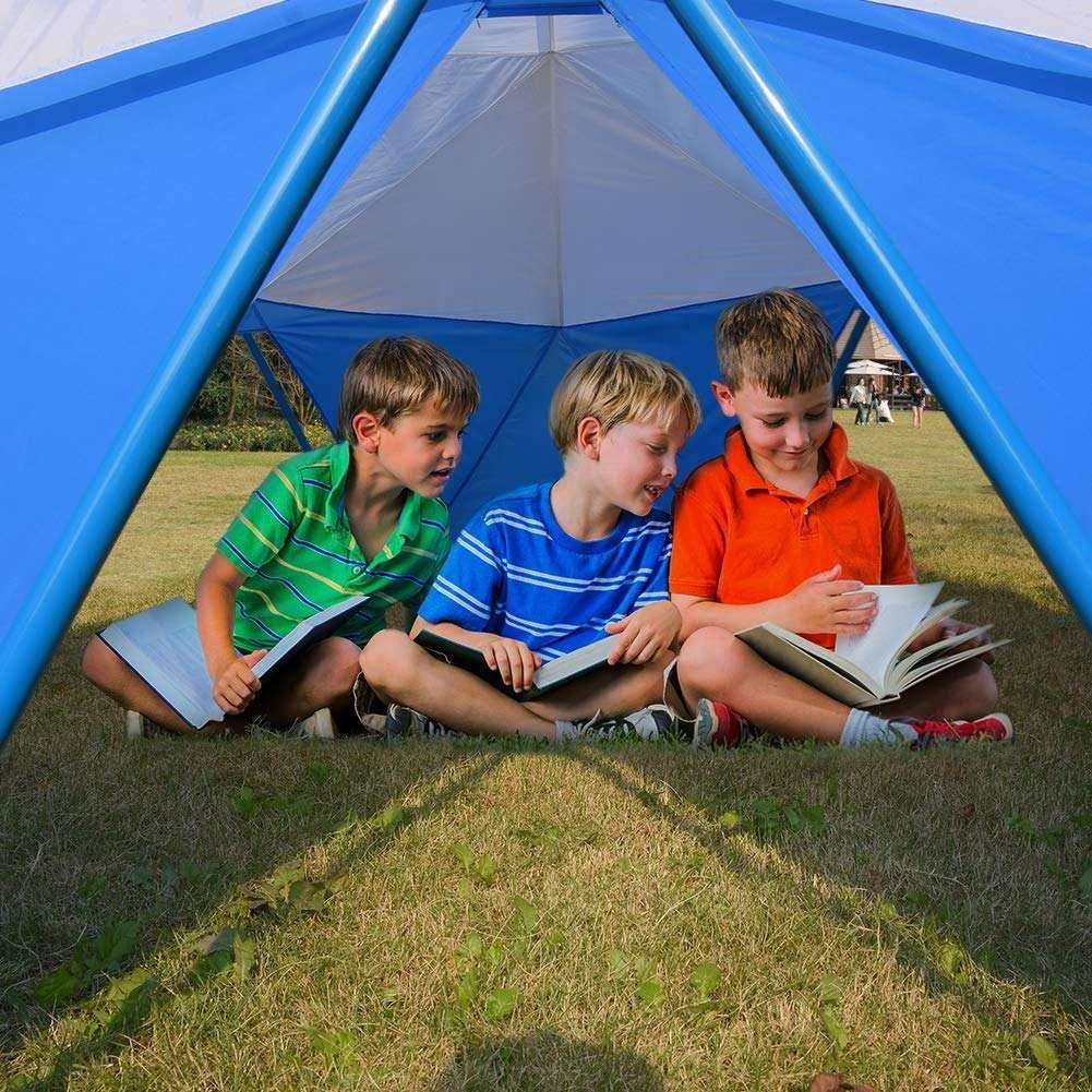 Blue Trampoline Play House Tent Interior Scene, Multiple Kids Reading Inside Backyard Trampoline Club House Tent, Private Shaded Play Space For Children