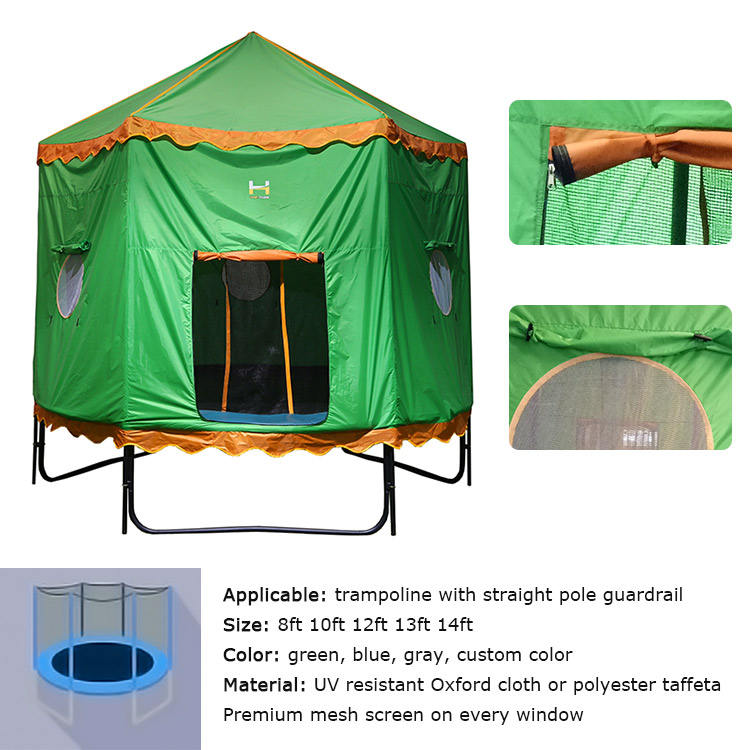 Green UV Resistant Oxford Cloth Trampoline Tent Cover, Play House Tent Fits 8ft 10ft 12ft 13ft 14ft Straight Pole Round Trampoline With Mesh Windows