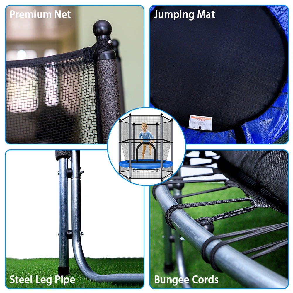 4 Core Parts Of 55 Inch Mini Kids Trampoline: Premium Safety Net, Elastic Jumping Mat, Galvanized Steel Legs & Durable Bungee Cords
