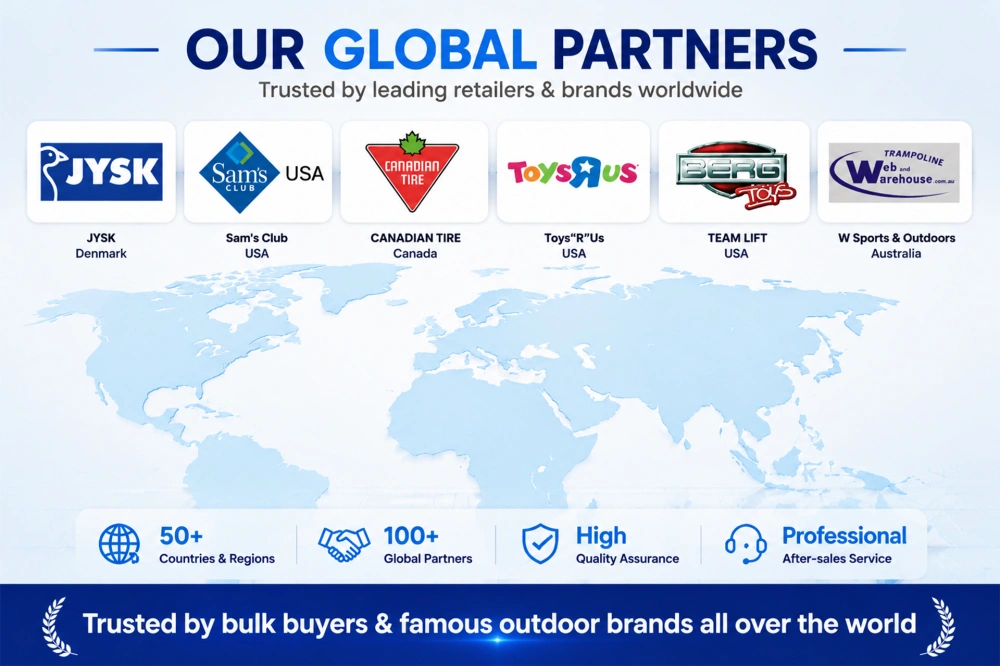 Our trampoline factory is trusted by leading global retailers including JYSK, Sam's Club, Canadian Tire, Toys"R"Us, with partnerships in 50+ countries and reliable quality assurance.
