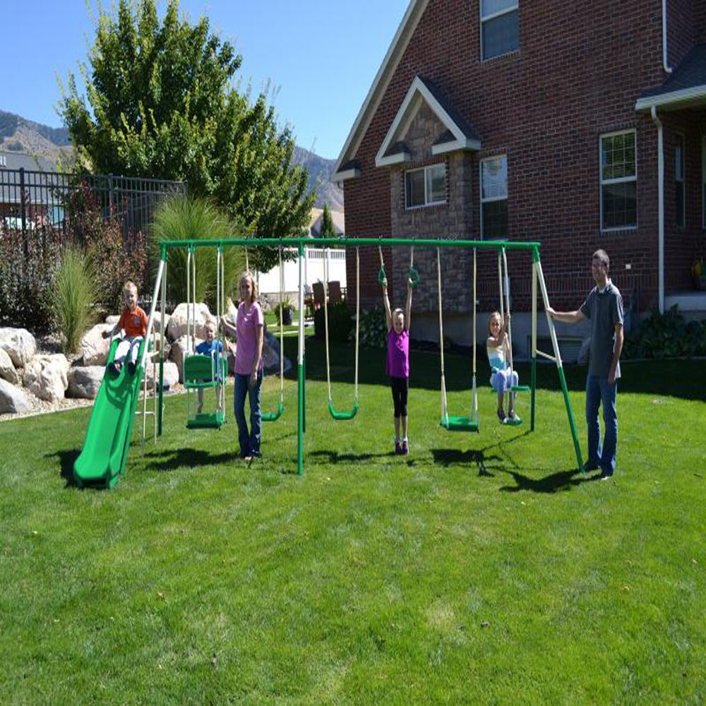 Large outdoor metal swing set with slide, multiple swings for children backyard playground